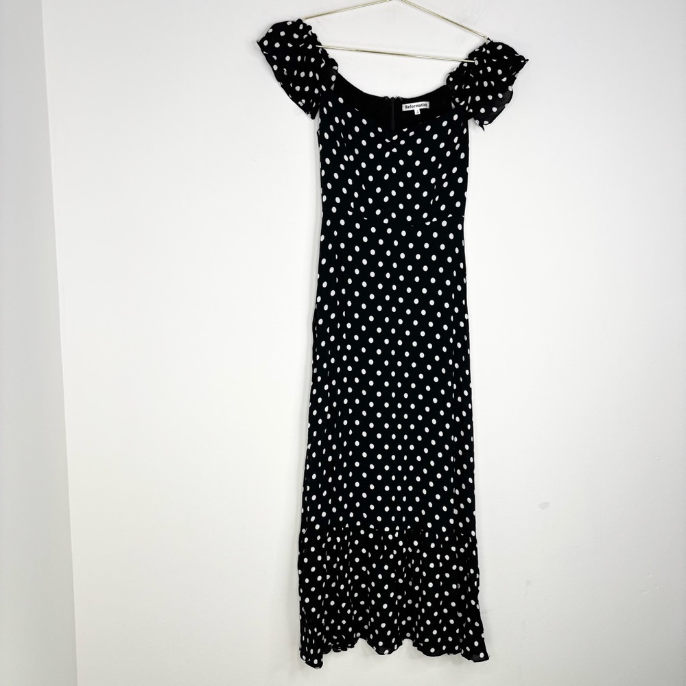 Reformation Black Polka Dot Off-Shoulder Midi Dress - Picture 4 of 14